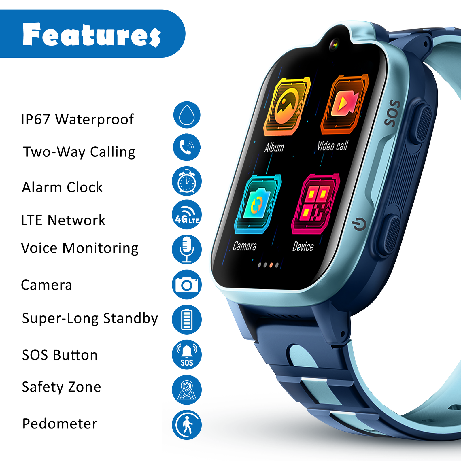 Acumen 4G A2 Phone Watch for Kids,1.44’’IPS Touch Screen|GPS Tracker Smart Watch with Water Proof IP 67 |Video & Phone Call|Camera,SOS,Games, with GPS Tracking| with Magnet Charger| Kids Monitoring (Blue) - Image 2
