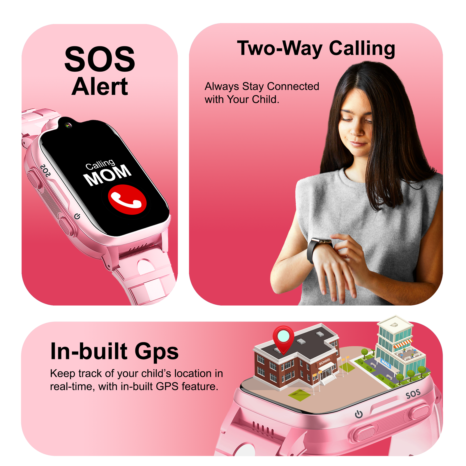 Acumen 4G A1 Phone Watch for Kids,1.69’’IPS Touch Screen|Smart Watch with Water Proof IP 67 |Video & Phone Call|Camera,SOS,SMS, Chat,Games, with GPS Tracking| with Magnet Charger| (Pink) - Image 2