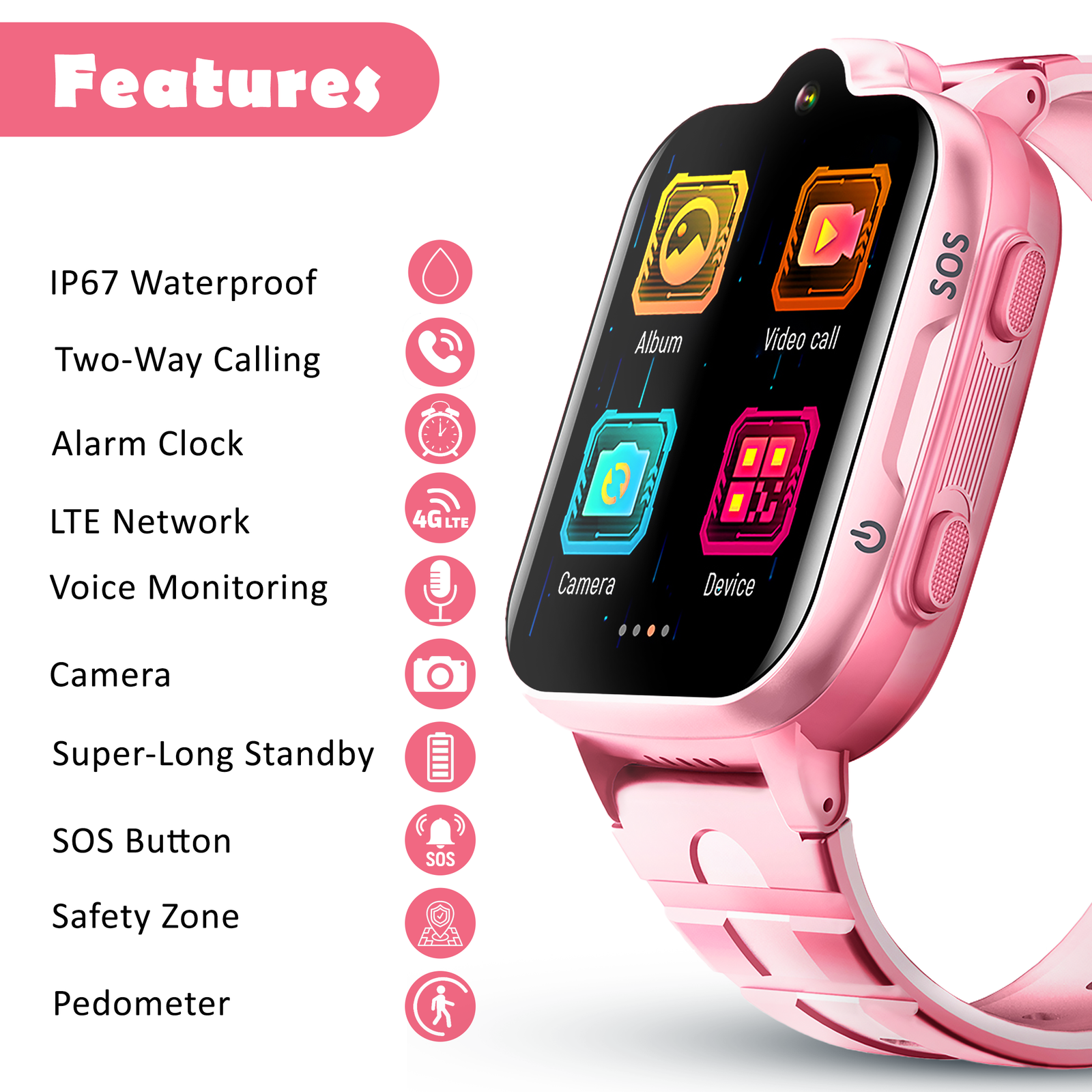 Acumen 4G A1 Phone Watch for Kids,1.69’’IPS Touch Screen|Smart Watch with Water Proof IP 67 |Video & Phone Call|Camera,SOS,SMS, Chat,Games, with GPS Tracking| with Magnet Charger| (Pink) - Image 5