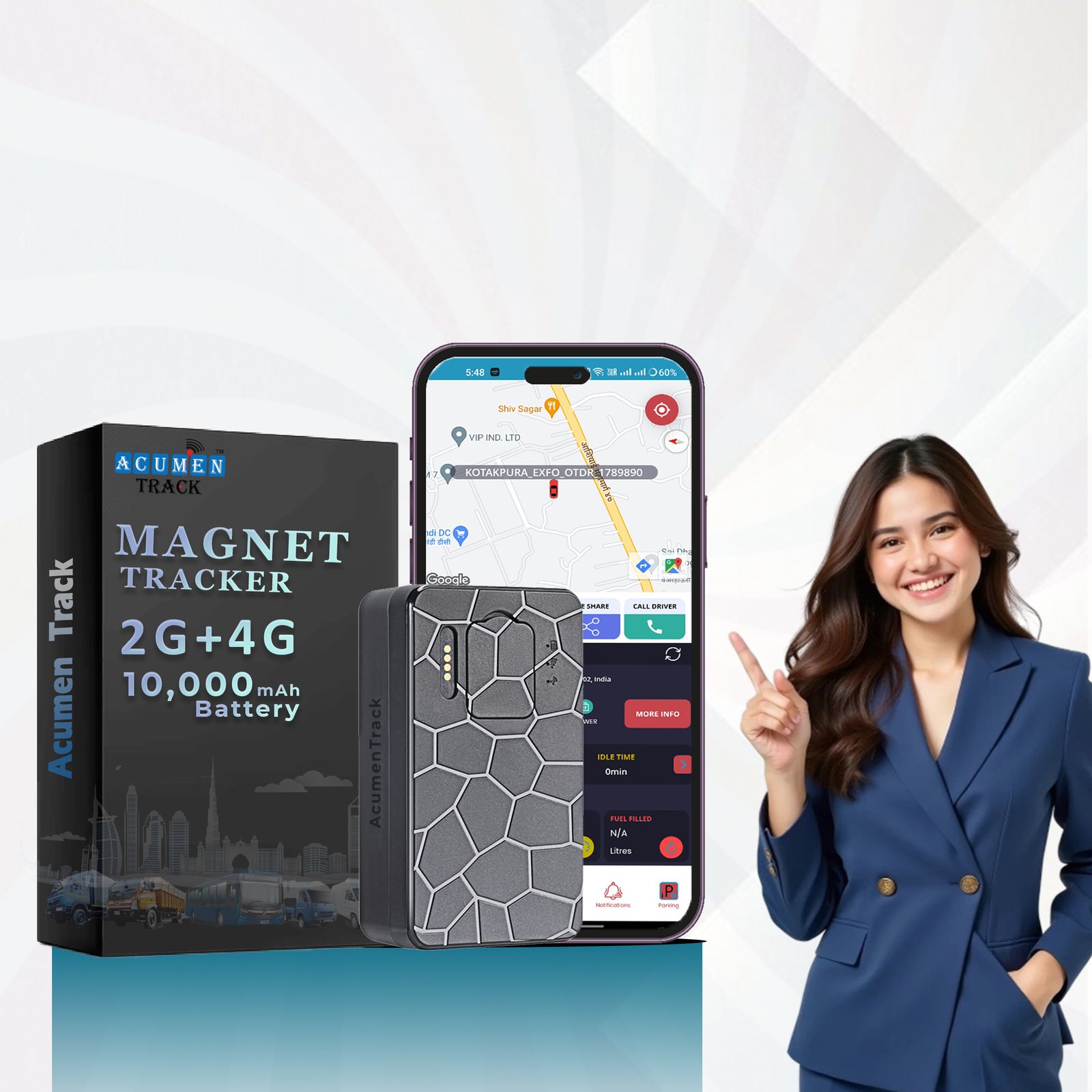 Acumen Track A50L Smart 4G Plus 2G GPS Tracker | Magnetic Wireless Tracking Device for Car, Kids, Bike & Assets | 10000 Mah with One Year Full Subscription & Sim Data