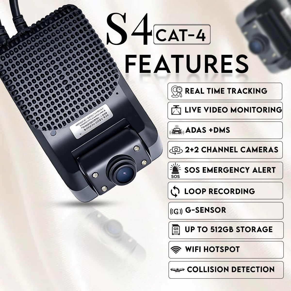Acumen Track S4 CAT-4 Dashcam, Black, 1080p Full HD, ADAS+DMS, GPS Tracking, 2+2 Channel, 170° Wide Angle, Loop Recording, SOS Alert - Image 2