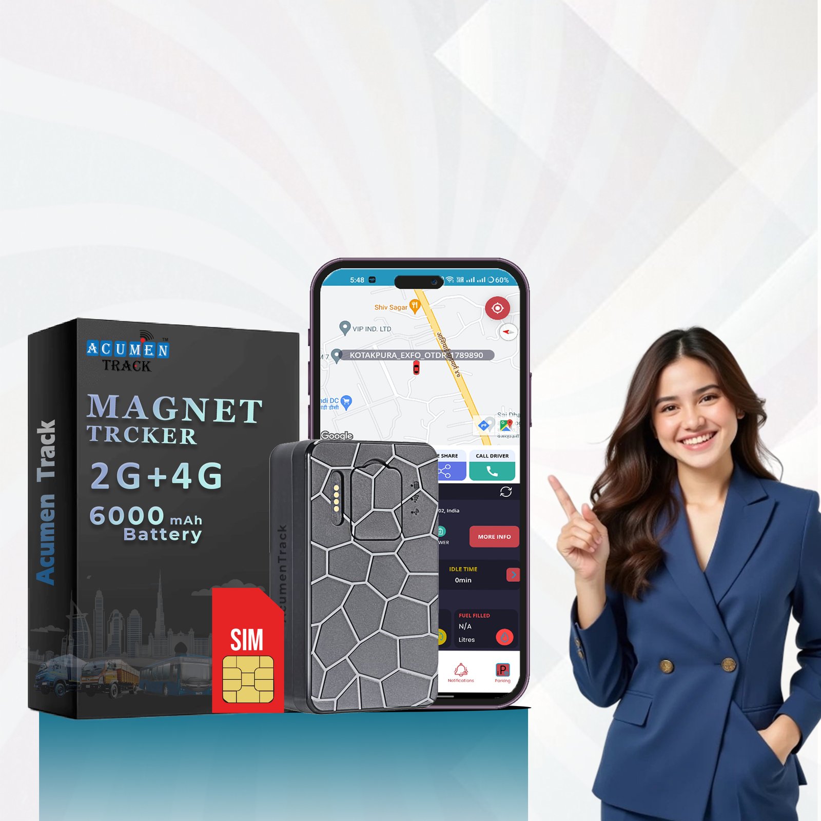 Acumen Track A50M Smart GPS Tracker, 2G+4G, Strong Magnet, 15-Day Backup, IP67 Waterproof, Voice Monitoring,6000 Mah with One Year Full Subscription Sim Data